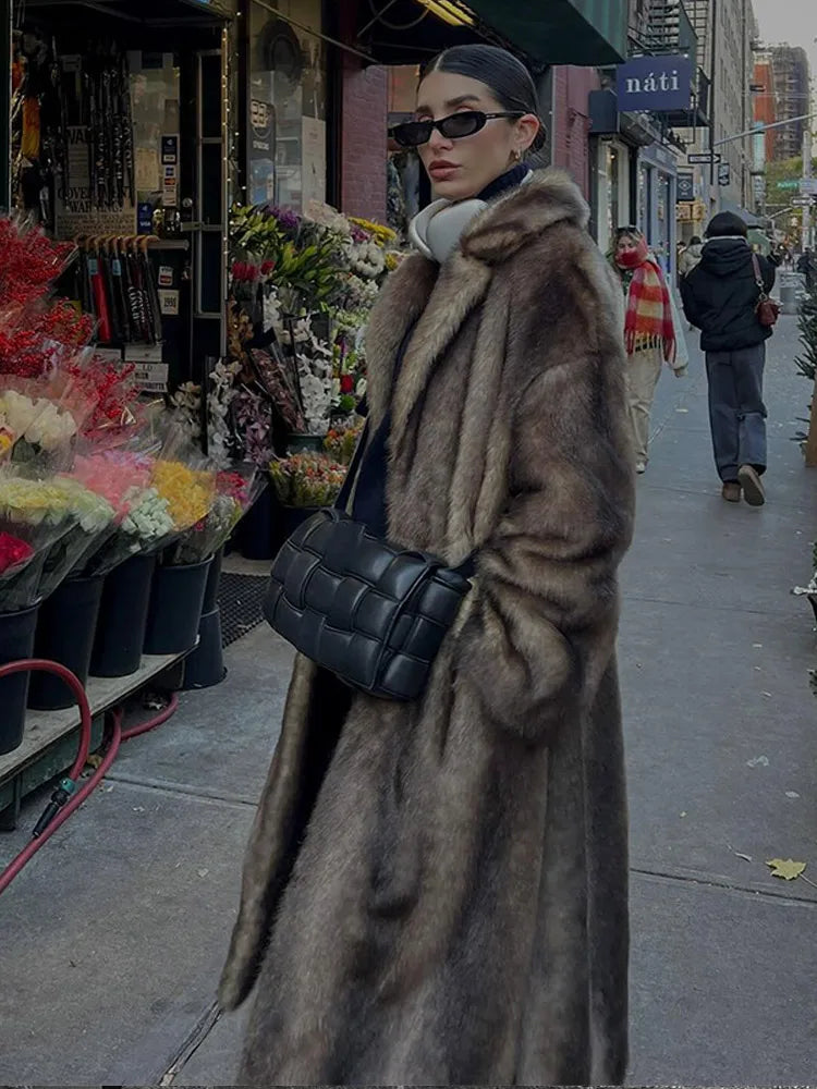 Dark Brown Faux Fur Long Overcoat Single Breasted