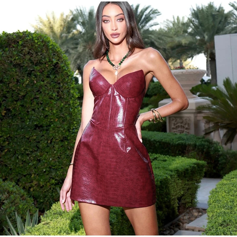 Retro PU Leather Mini Dresses Multicolor