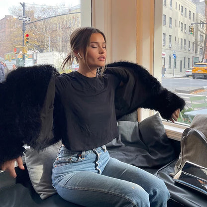 Mantel aus Kunstfuchspelz mit Schalkragen