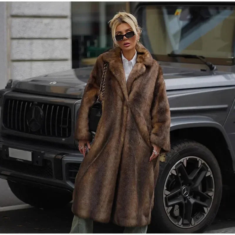 Dark Brown Faux Fur Long Overcoat Single Breasted