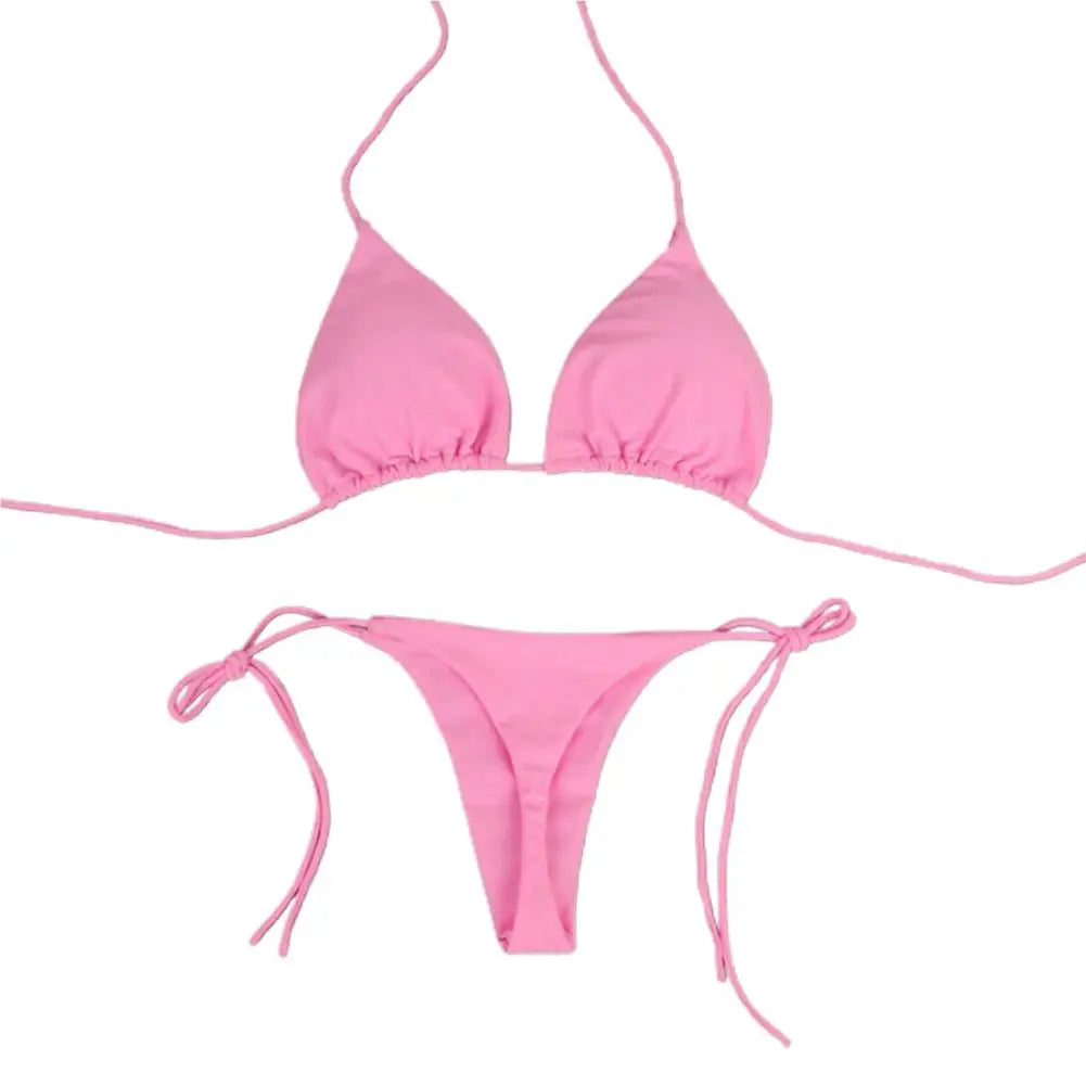 Conjunto de 2 peças de biquíni com alça de pescoço halter de cor sólida
