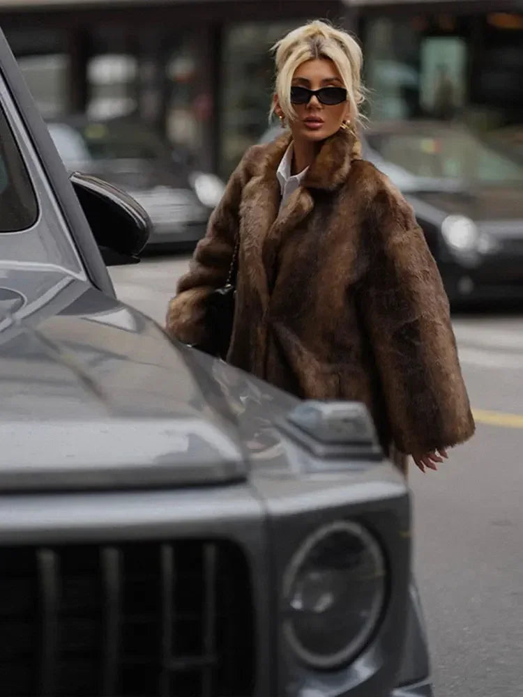 Dark Brown Faux Fur Long Overcoat Single Breasted