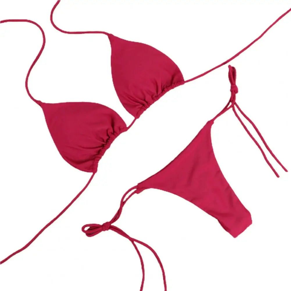 Conjunto de 2 peças de biquíni com alça de pescoço halter de cor sólida