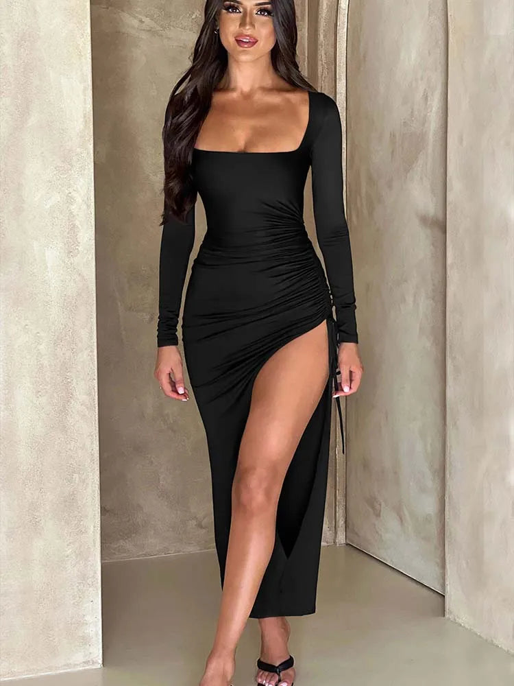 Long Sleeve High Split Maxi Dress with Stretch Material