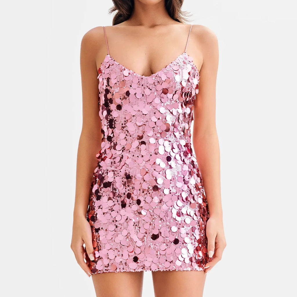 Minikleid mit glänzenden Pailletten, rosa, ärmellos