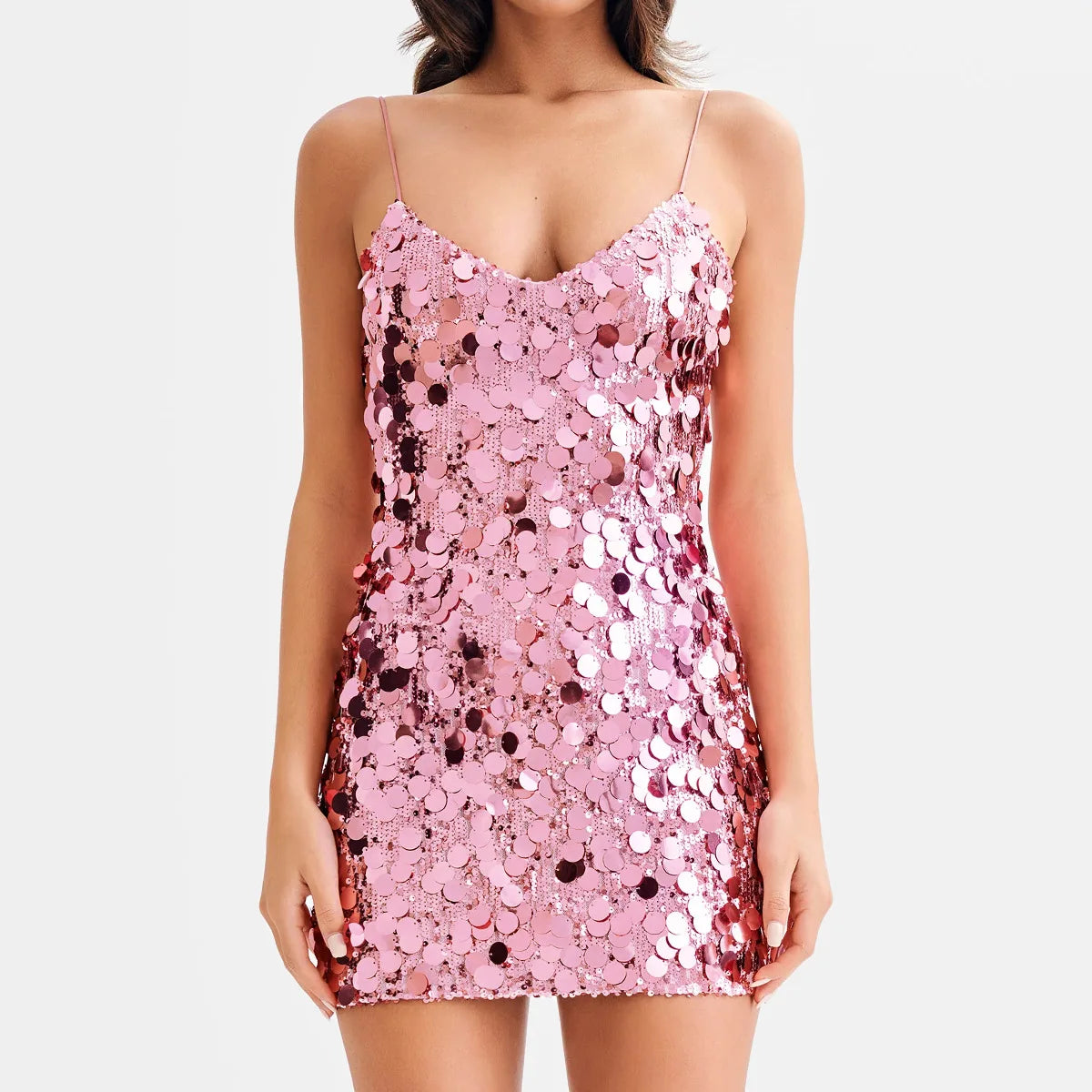 Minikleid mit glänzenden Pailletten, rosa, ärmellos