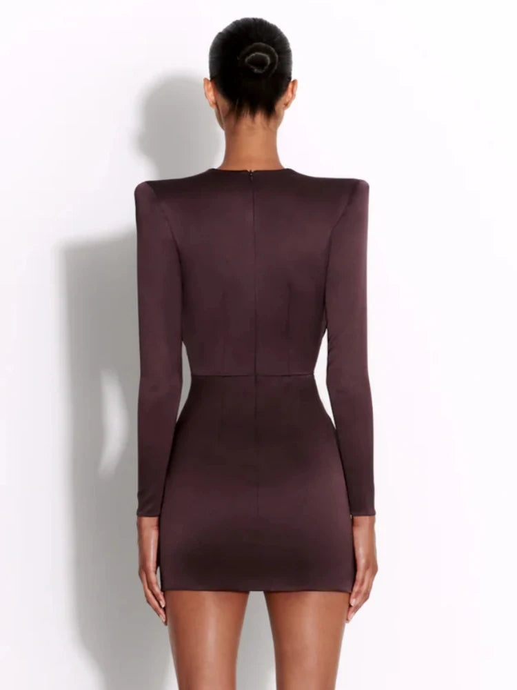 Deep V Neck Folds Design Short Dress Long Sleeve