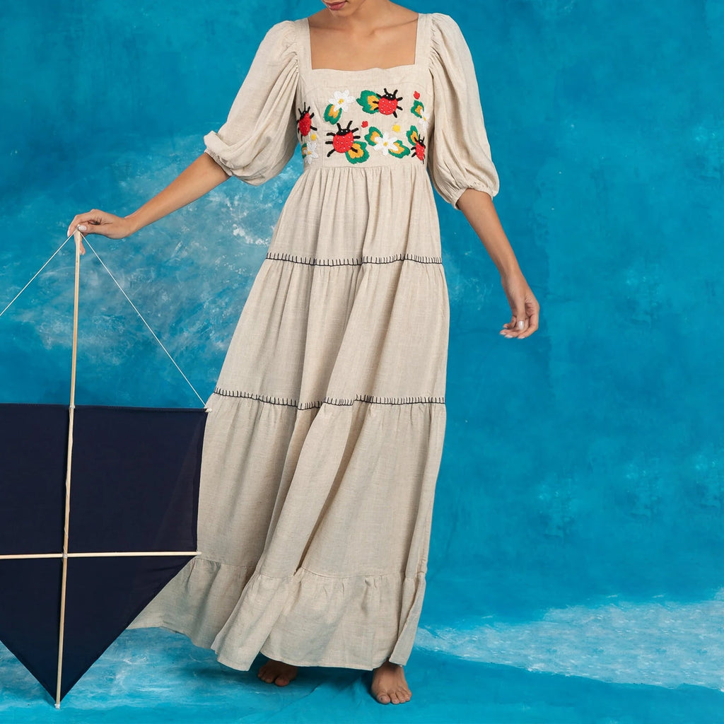 Embroidered Square-Neck Maxi Sundress