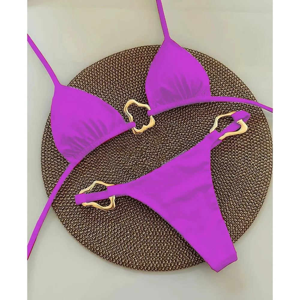 Bikini Solid Color Lace-up Split Two-piece Swimsuit