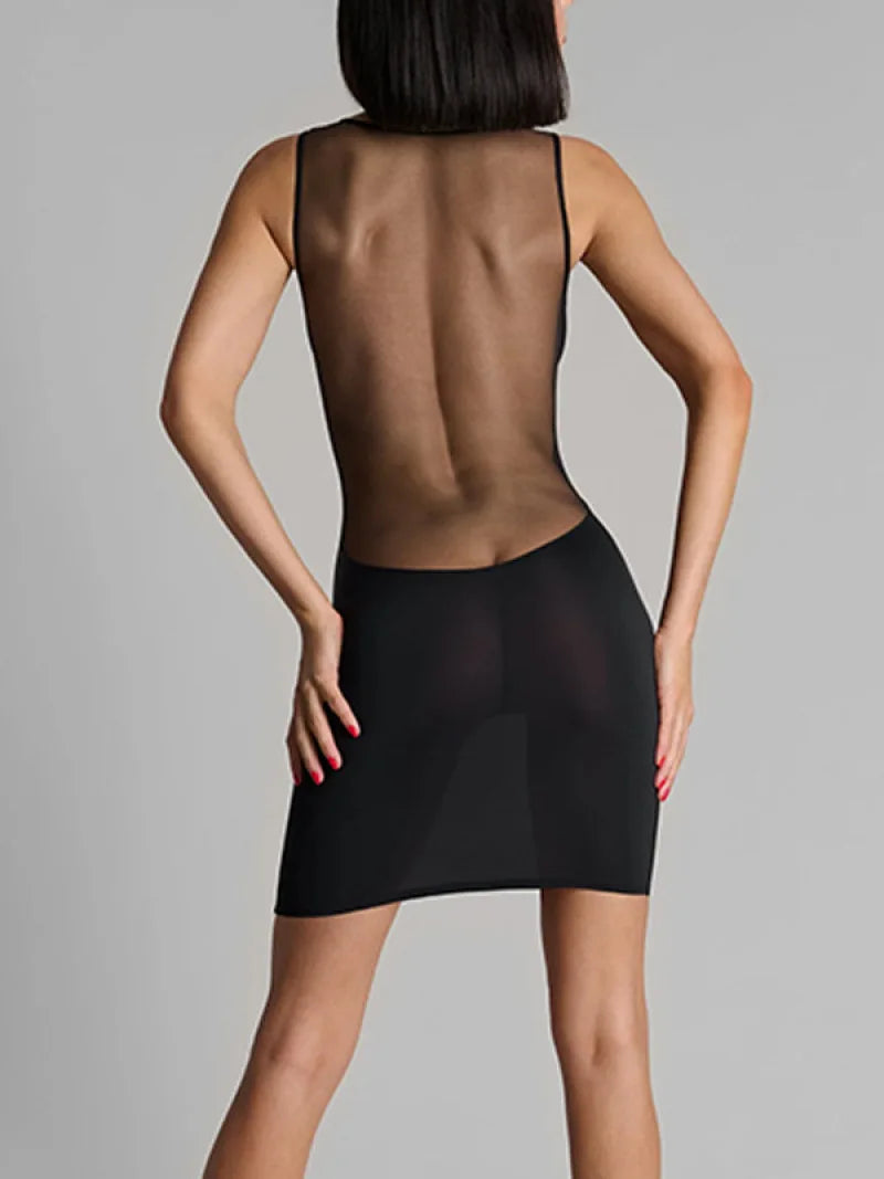 Y2K Mesh Panel V-Neck Bodycon Mini Dress – Black Clubwear
