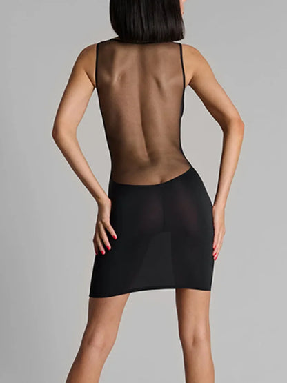 Y2K Mesh Panel V-Neck Bodycon Mini Dress – Black Clubwear