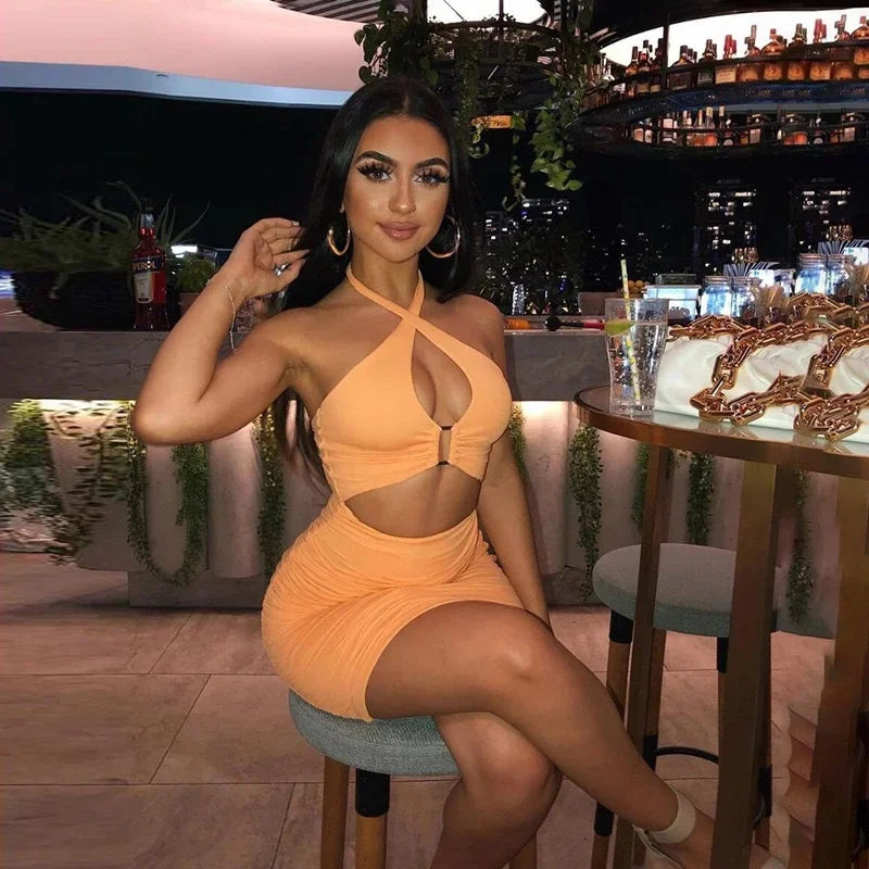 Bodycon Mini Dress Backless Cut Cross Halter Collar