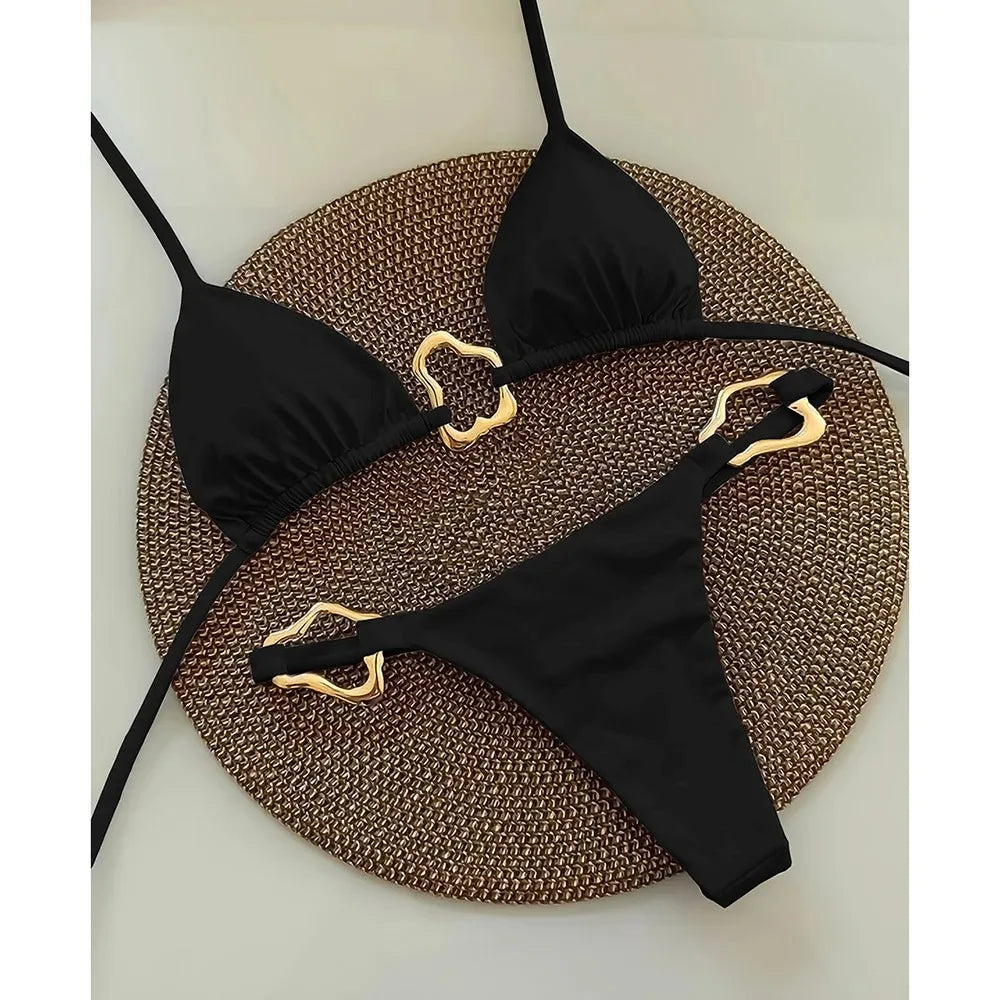 Bikini Solid Color Lace-up Split Two-piece Swimsuit