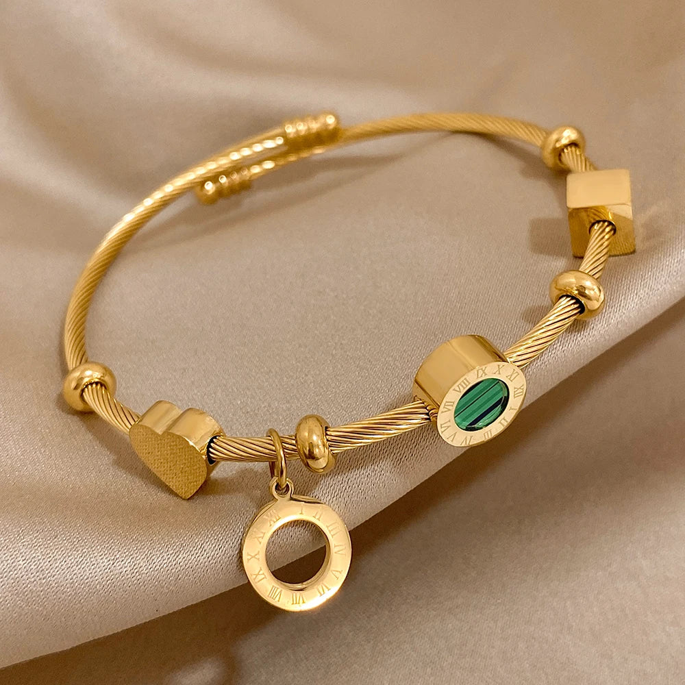 Roman Letters Charm Bangles Bracelets Stainless Steel Gold