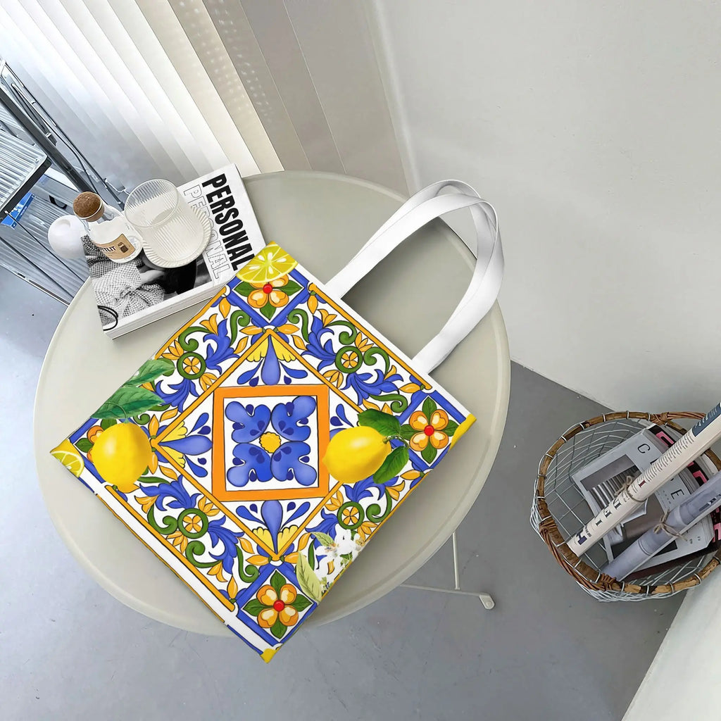 Sicilian Tile Lemon Print Tote Bag