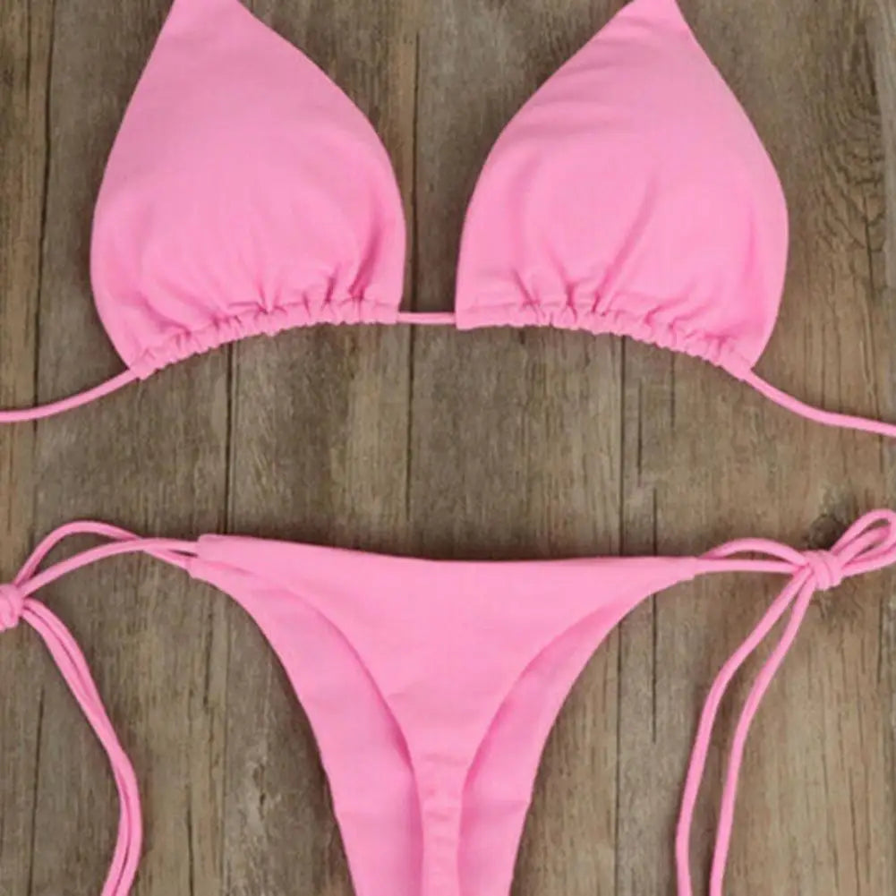 Conjunto de 2 peças de biquíni com alça de pescoço halter de cor sólida