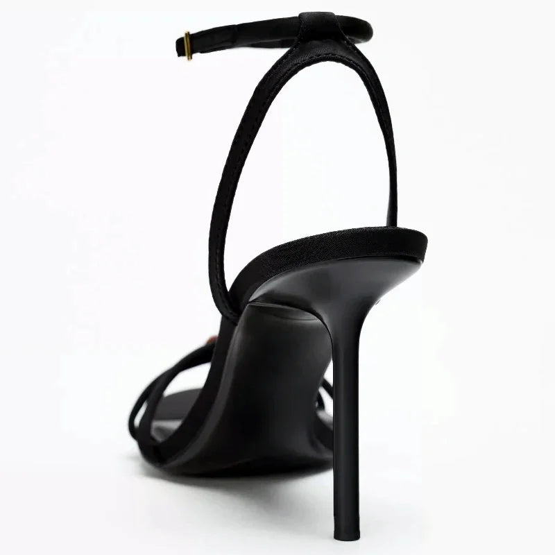 Elegant Black Strappy Heels – Luxe Crystal Detail