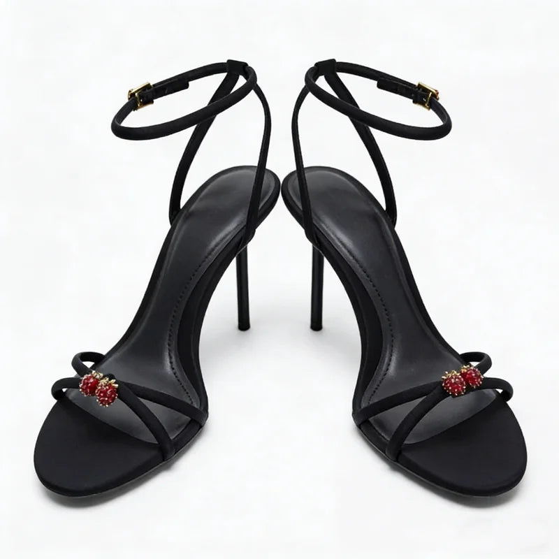 Elegant Black Strappy Heels – Luxe Crystal Detail