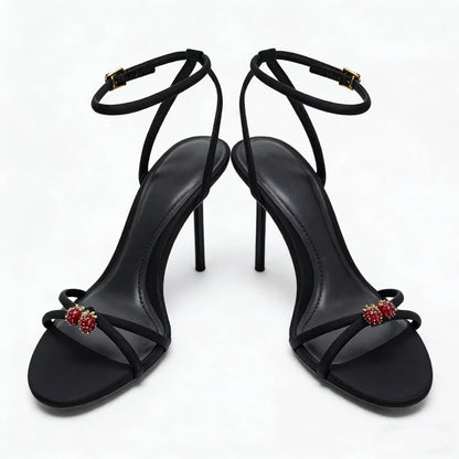 Elegant Black Strappy Heels – Luxe Crystal Detail