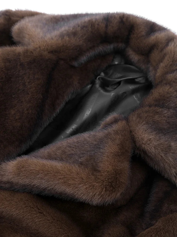 Dark Brown Faux Fur Long Overcoat Single Breasted