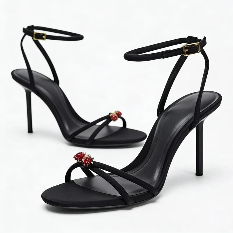 Elegant Black Strappy Heels – Luxe Crystal Detail