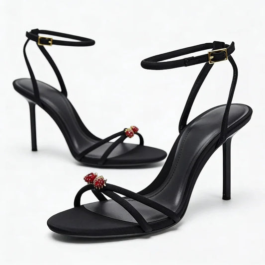 Elegant Black Strappy Heels – Luxe Crystal Detail
