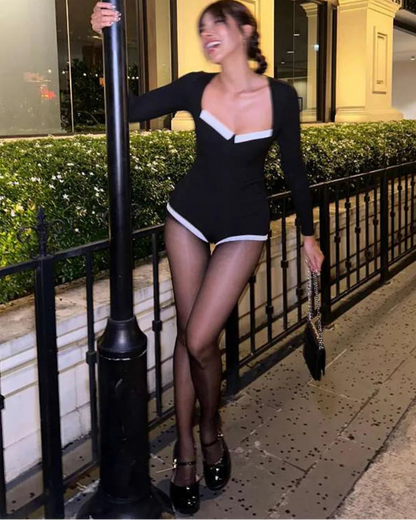 Macacão feminino de gola quadrada manga comprida skinny stretch