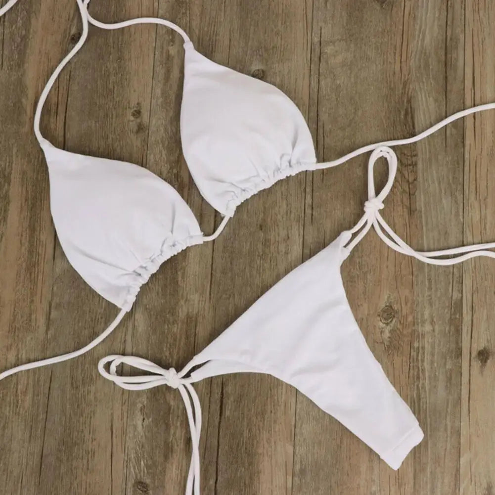 Conjunto de 2 piezas Bikini Color sólido Correa con cuello halter