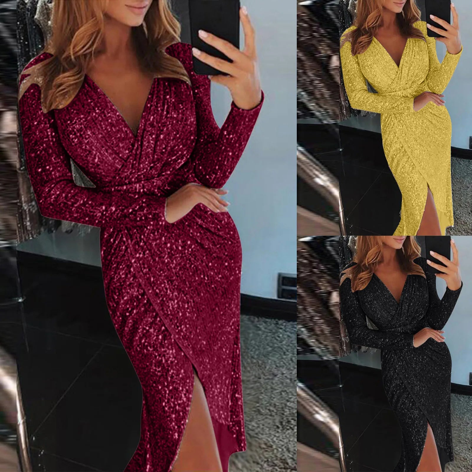 Elegante abito lungo da festa con paillettes e maniche lunghe avvolgenti