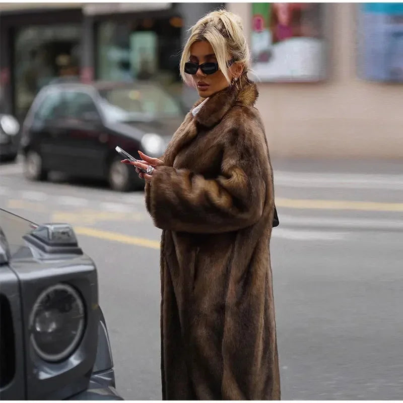 Dark Brown Faux Fur Long Overcoat Single Breasted