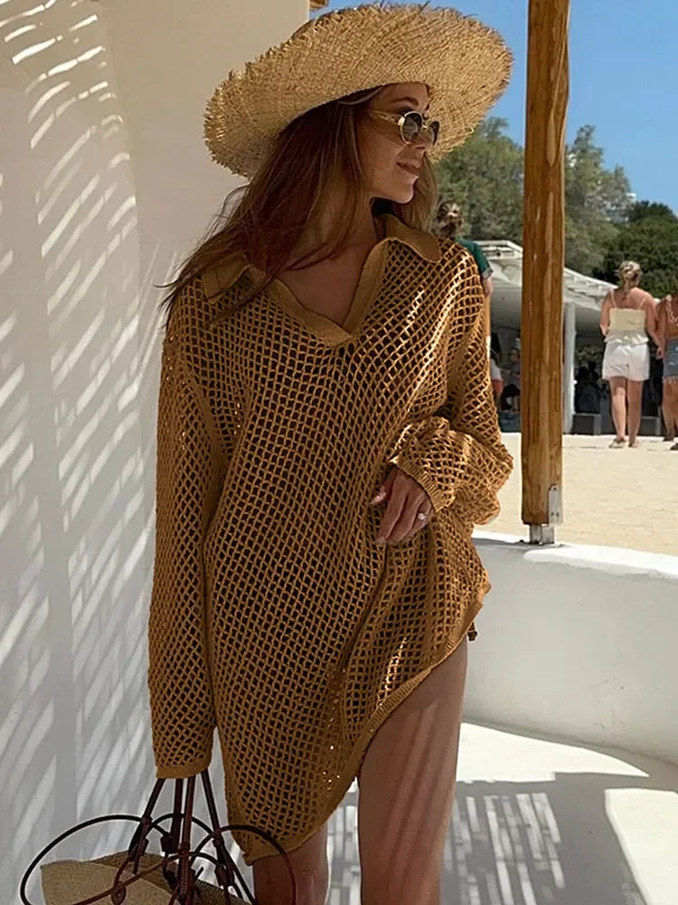Beach Knit Mini Dress Long Sleeve Swimsuit Cover