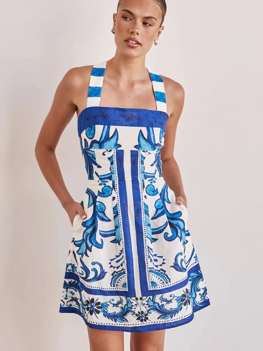 Printed Bohemian Colorblock Mini Dress