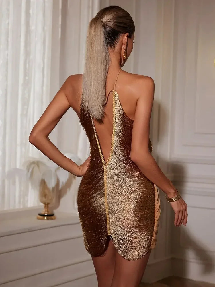 Minivestido com borlas brilhantes para festa à noite