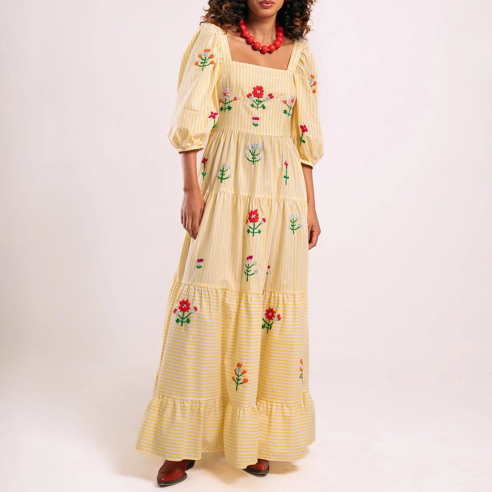 Embroidered Square-Neck Maxi Sundress