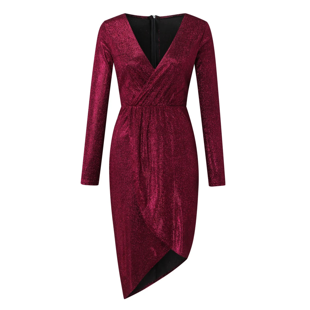 Elegante abito lungo da festa con paillettes e maniche lunghe avvolgenti