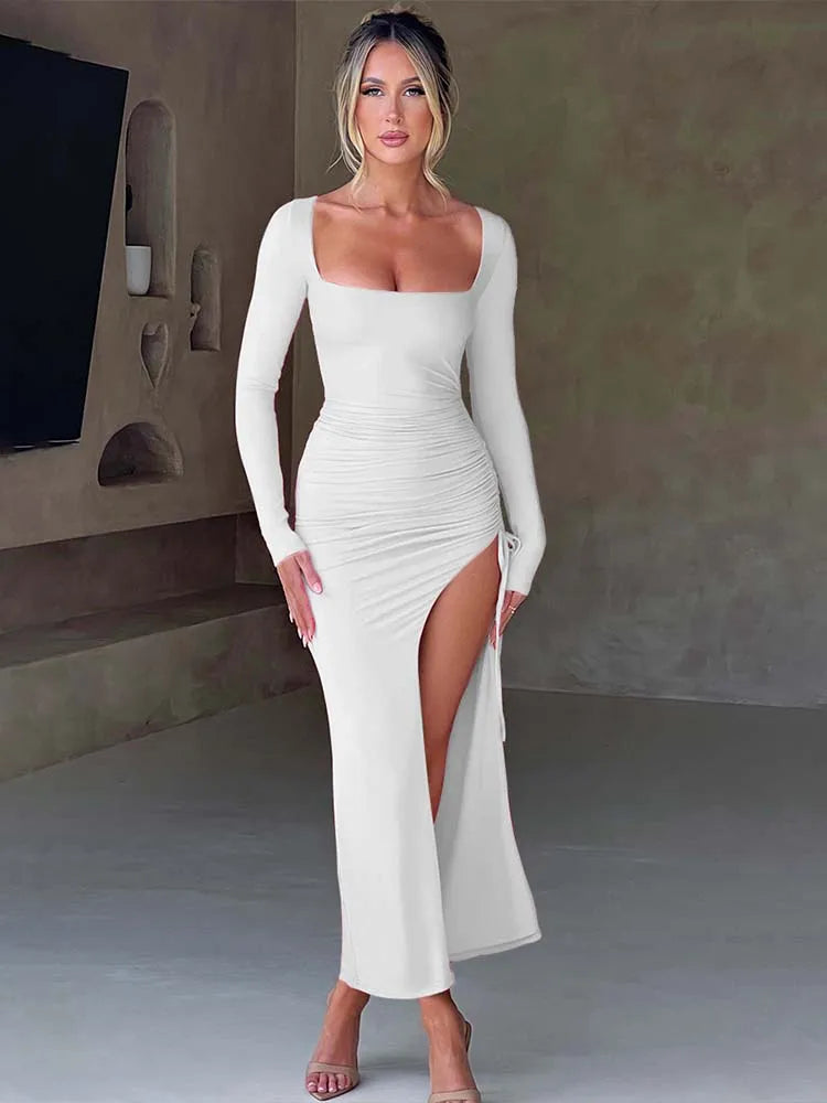 Long Sleeve High Split Maxi Dress with Stretch Material