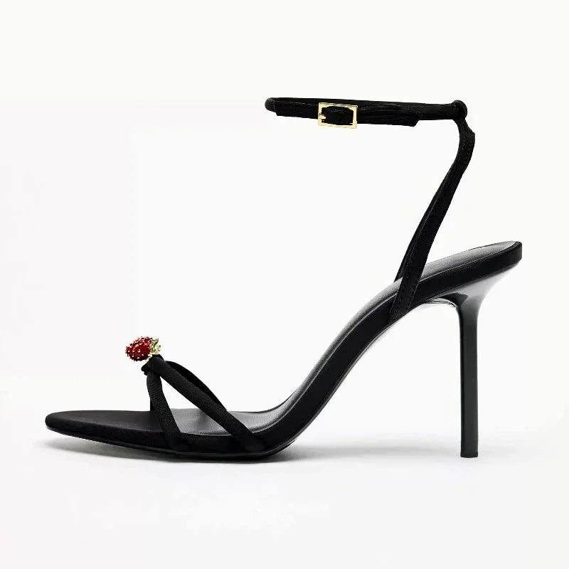 Elegant Black Strappy Heels – Luxe Crystal Detail