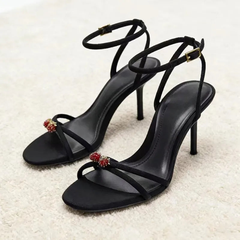 Elegant Black Strappy Heels – Luxe Crystal Detail