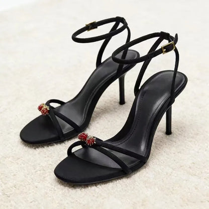 Elegant Black Strappy Heels – Luxe Crystal Detail