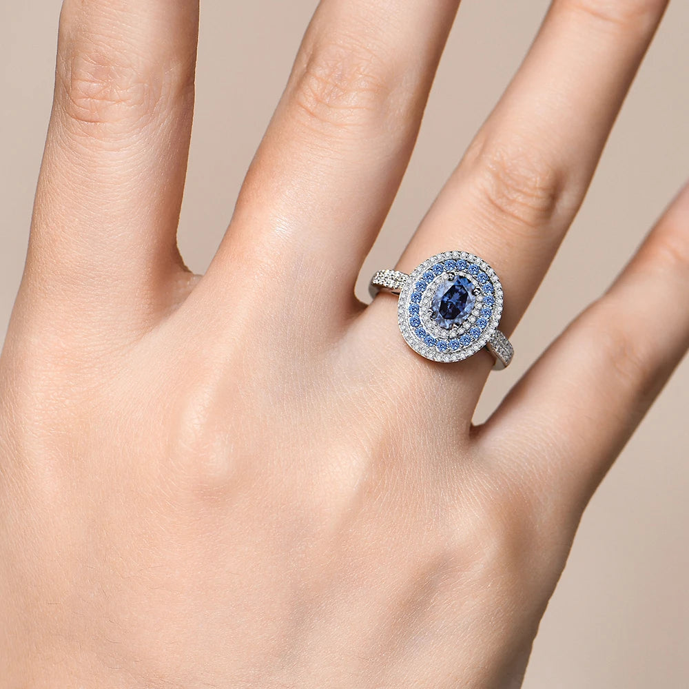 1CT Oval Blue Moissanite Ring – Sterling Silver