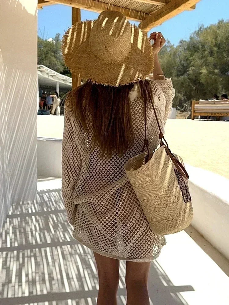 Beach Knit Mini Dress Long Sleeve Swimsuit Cover