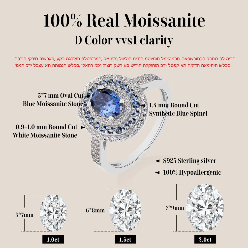 1CT Oval Blue Moissanite Ring – Sterling Silver