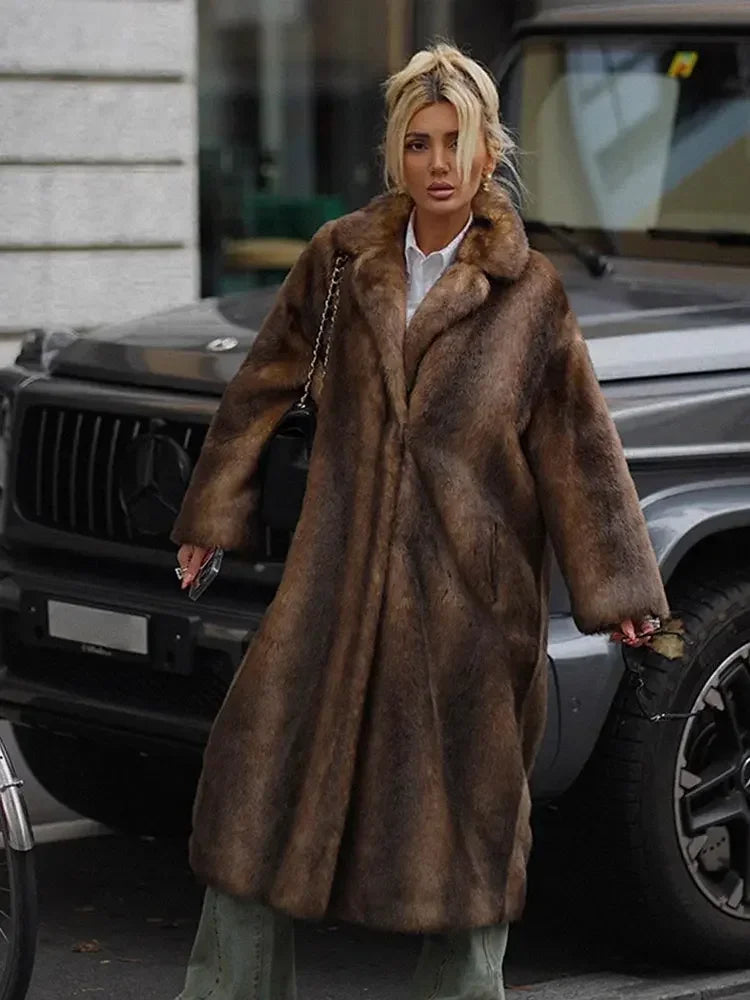 Dark Brown Faux Fur Long Overcoat Single Breasted