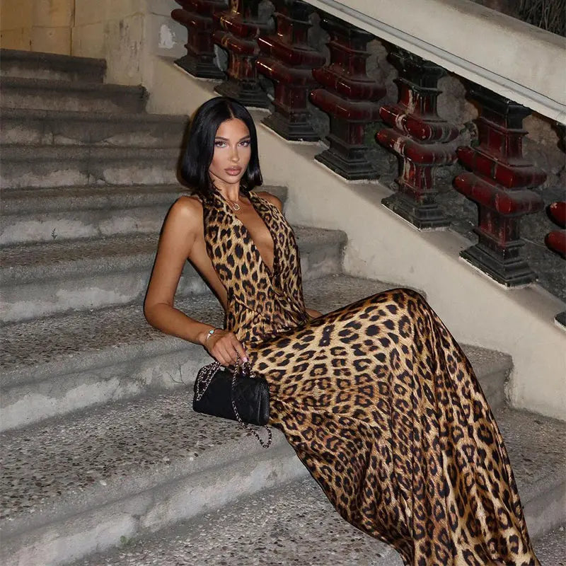 Leopard Printed Maxi Dress Backless Sleeveless for Evening Party