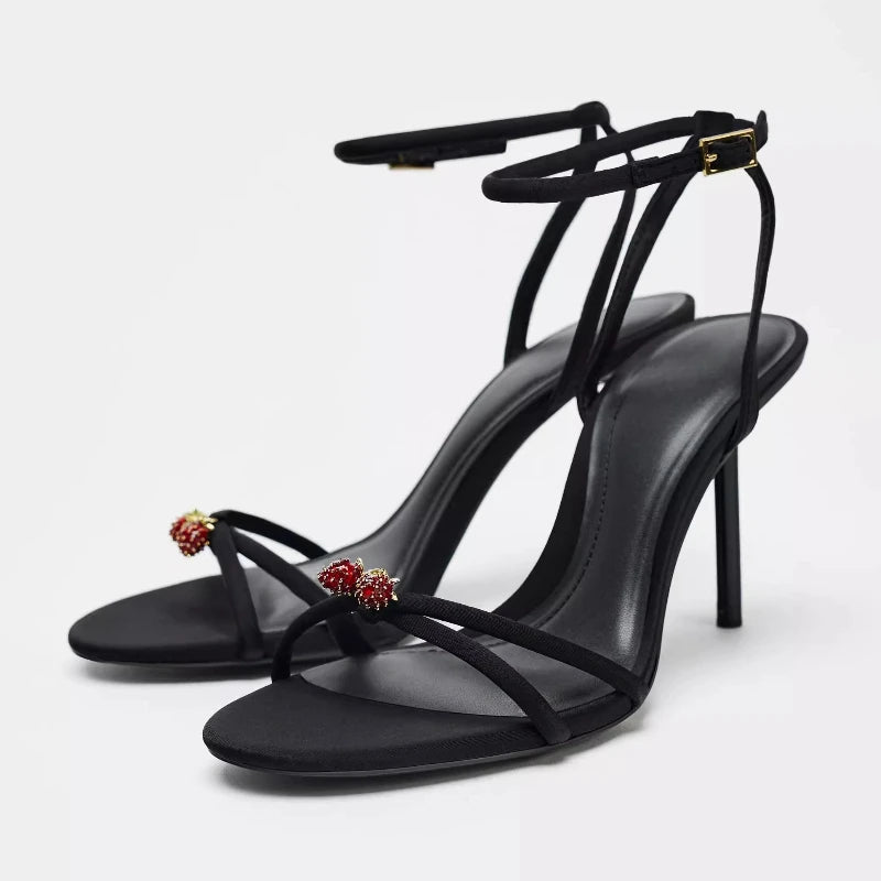 Elegant Black Strappy Heels – Luxe Crystal Detail