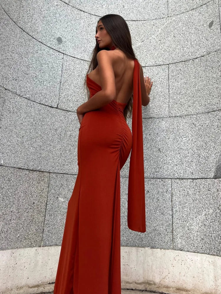 Robe Longue Col Suspendu Rouge