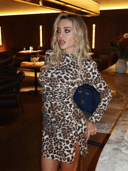 Minivestido de leopardo Manga larga Maxi dividido