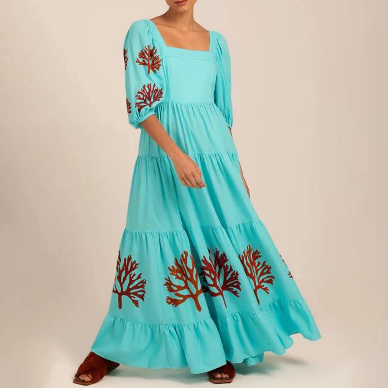 Embroidered Square-Neck Maxi Sundress