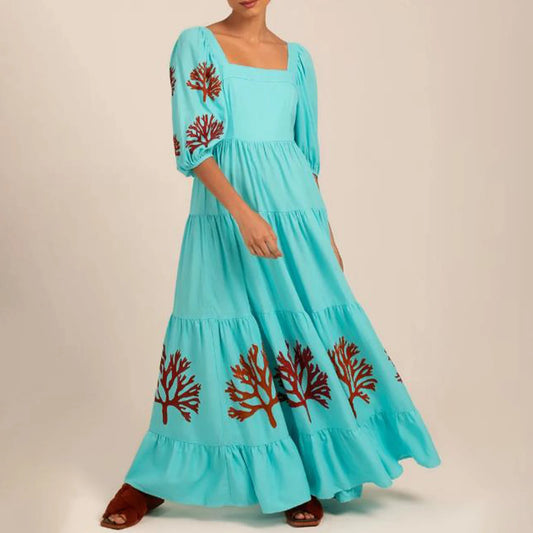 Embroidered Square-Neck Maxi Sundress