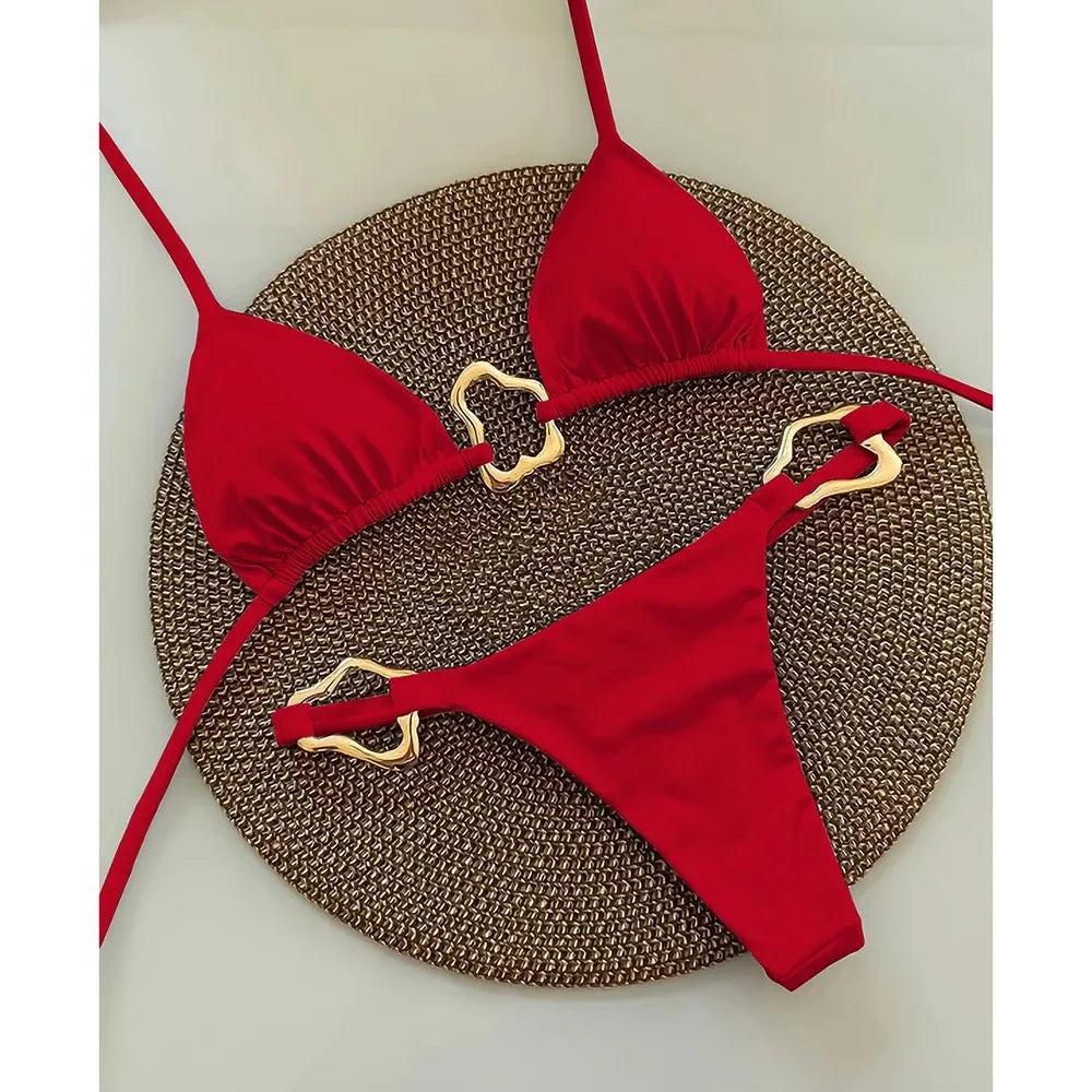 Bikini Solid Color Lace-up Split Two-piece Swimsuit